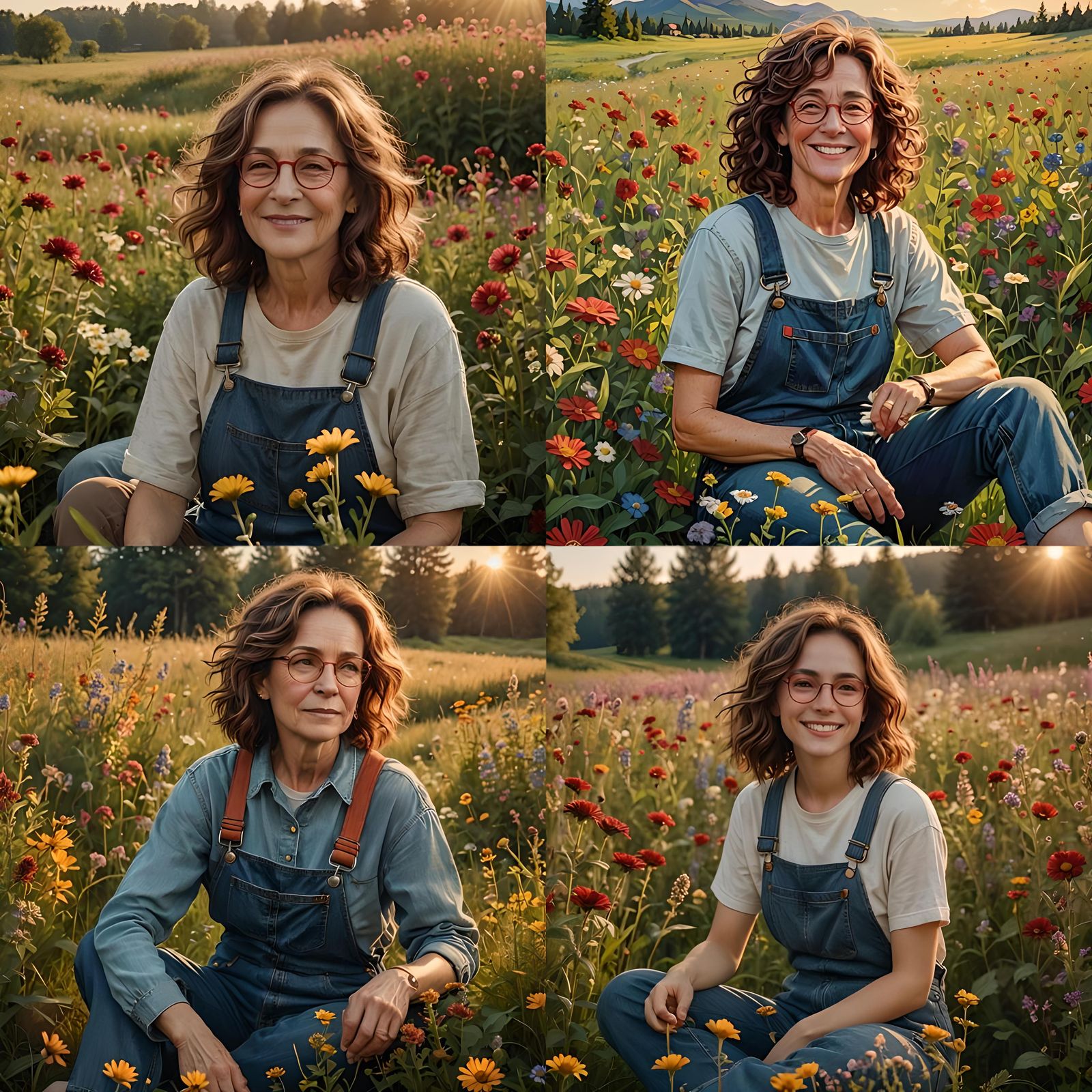 Woman in Overalls on Meadow, Detailed Matte Painting