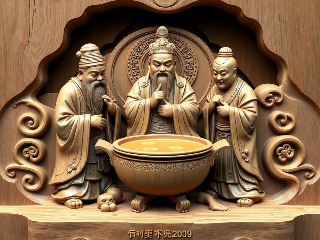 Confucius, Lao Zi, Buddha Enjoy Hot Soup in 3D Anime Style
