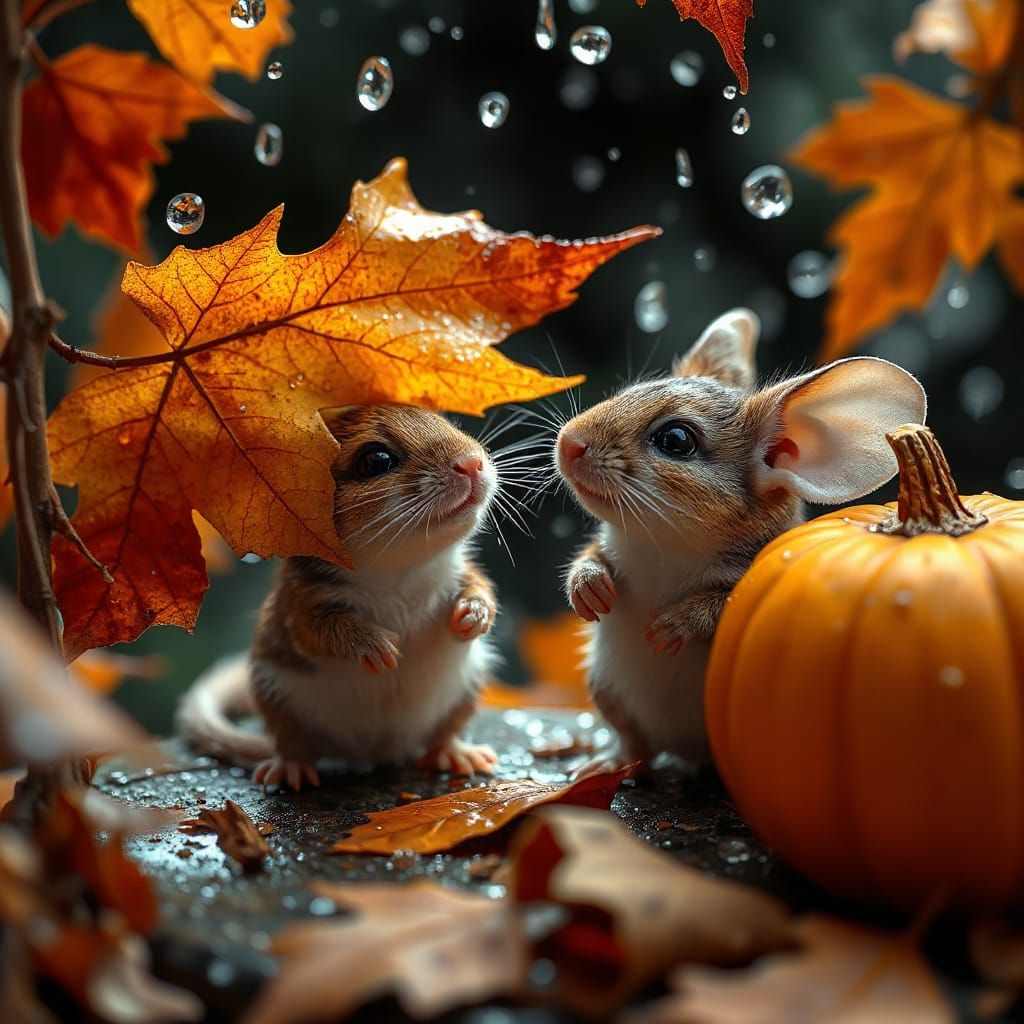 Adorable Mice Under Autumn Leaf in Crystal Art Style
