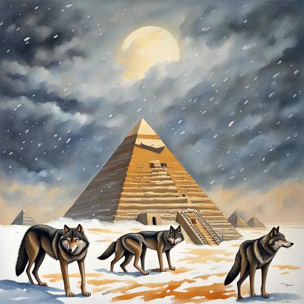 Snowy Egyptian Pyramid with Wolves: Gouache Painting