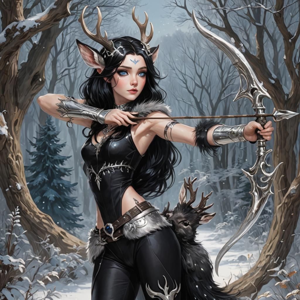 Black Fur Faun with Silver Antlers and Blue Eyes