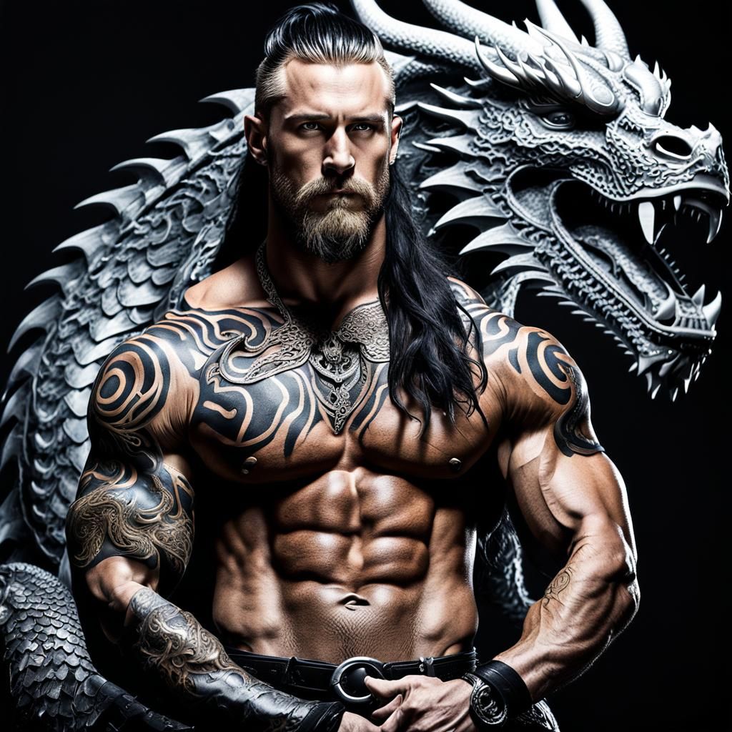 Viking Warrior with Dragon Tattoo, Hyperrealistic Image
