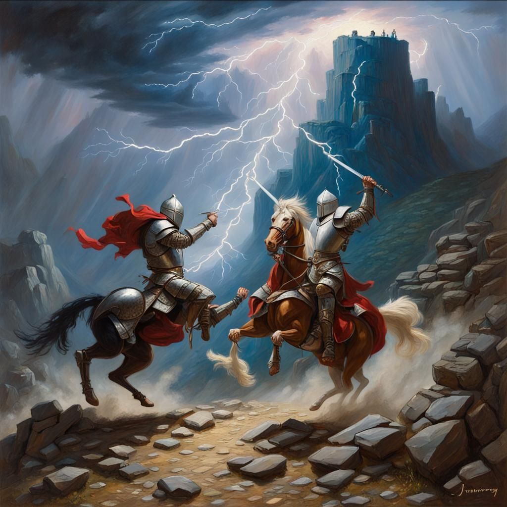 Knights Duel in Mountain Arena Oil Painting