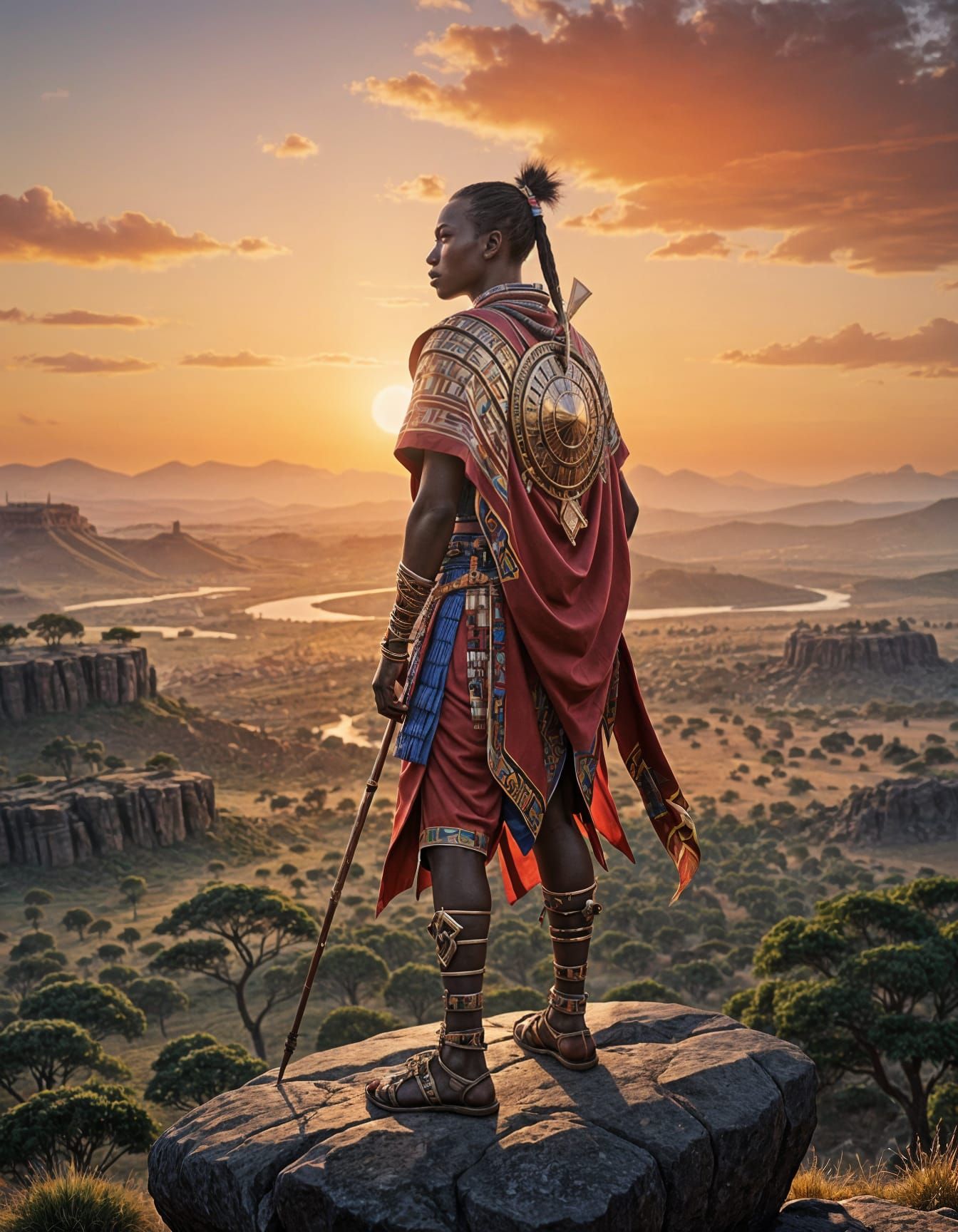 Maasai Warrior Contemplates Sunset in Vibrant 3D Anime Art