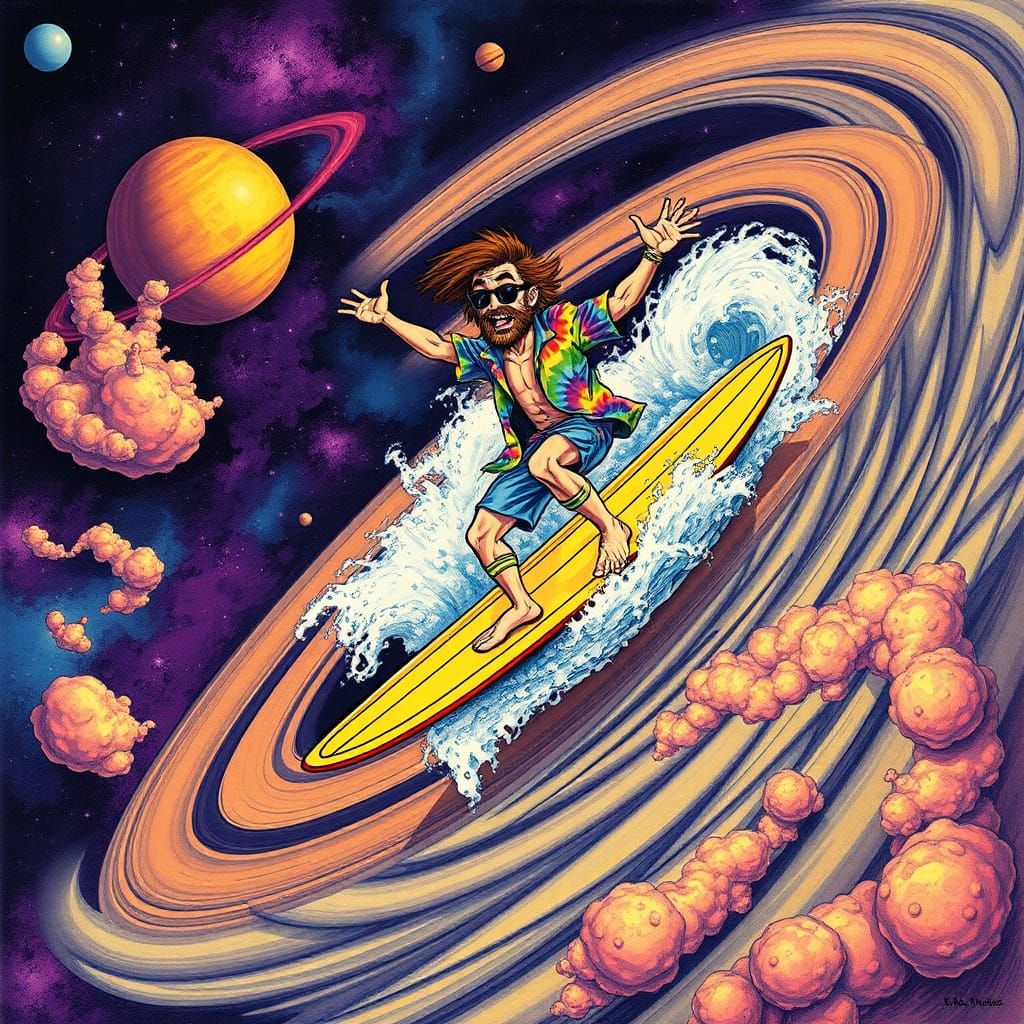 Hippy Surfer Rides Saturn Rings in Mad Magazine Style