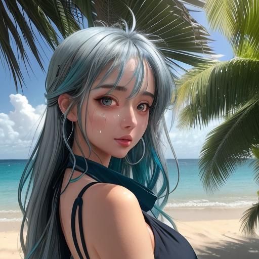 Anime Girl with Crescent Moon Hair in Summer