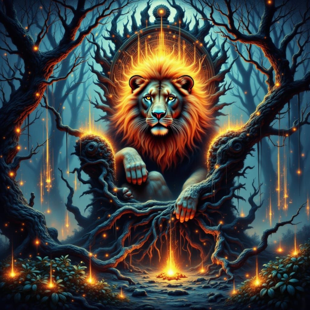 Majestic Lion Reigns Over Enchanted Bioluminescent Forest