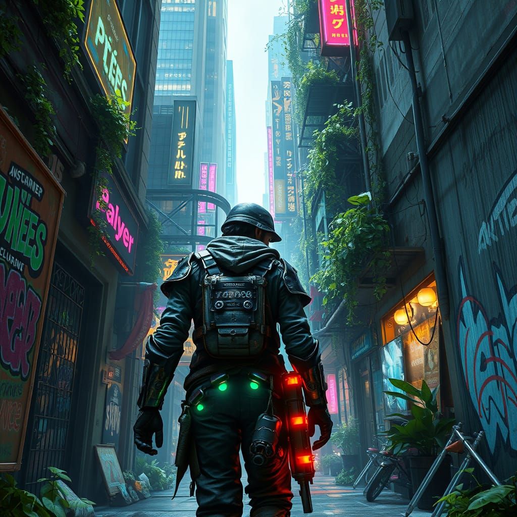Cyberpunk Wanderer in Overgrown Cityscape