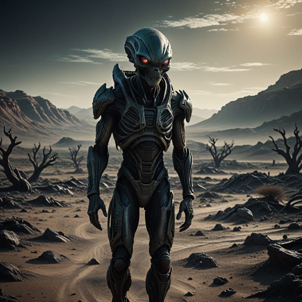 Alien Explorer on Desolate Planet Cinematic Photography