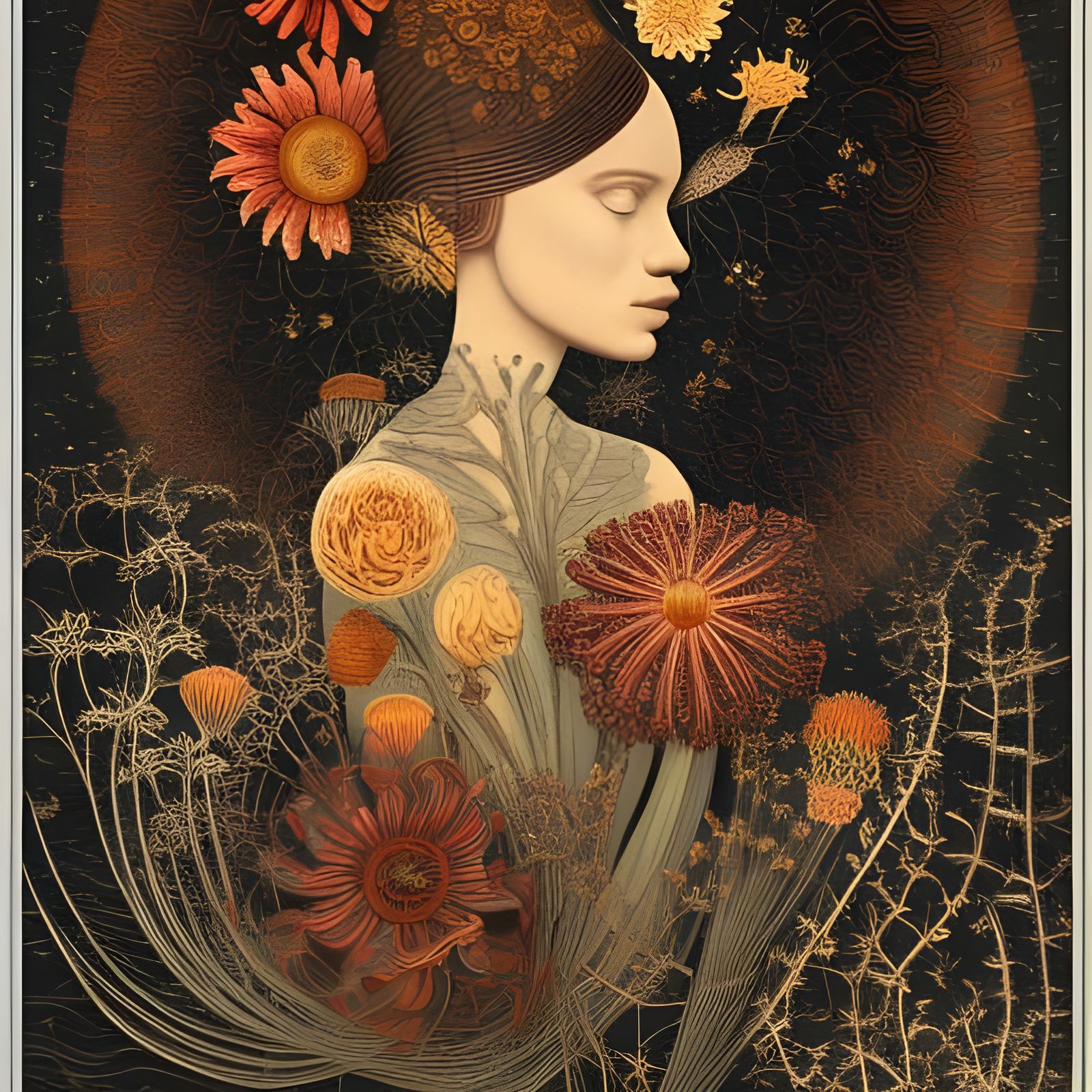 Girl with Flowers in Botanical Art Style