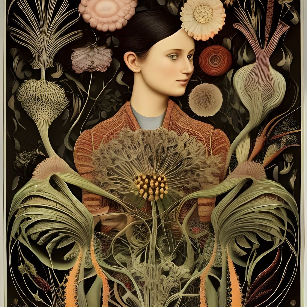 Girl Holding Flowers in Detailed Botanical Style