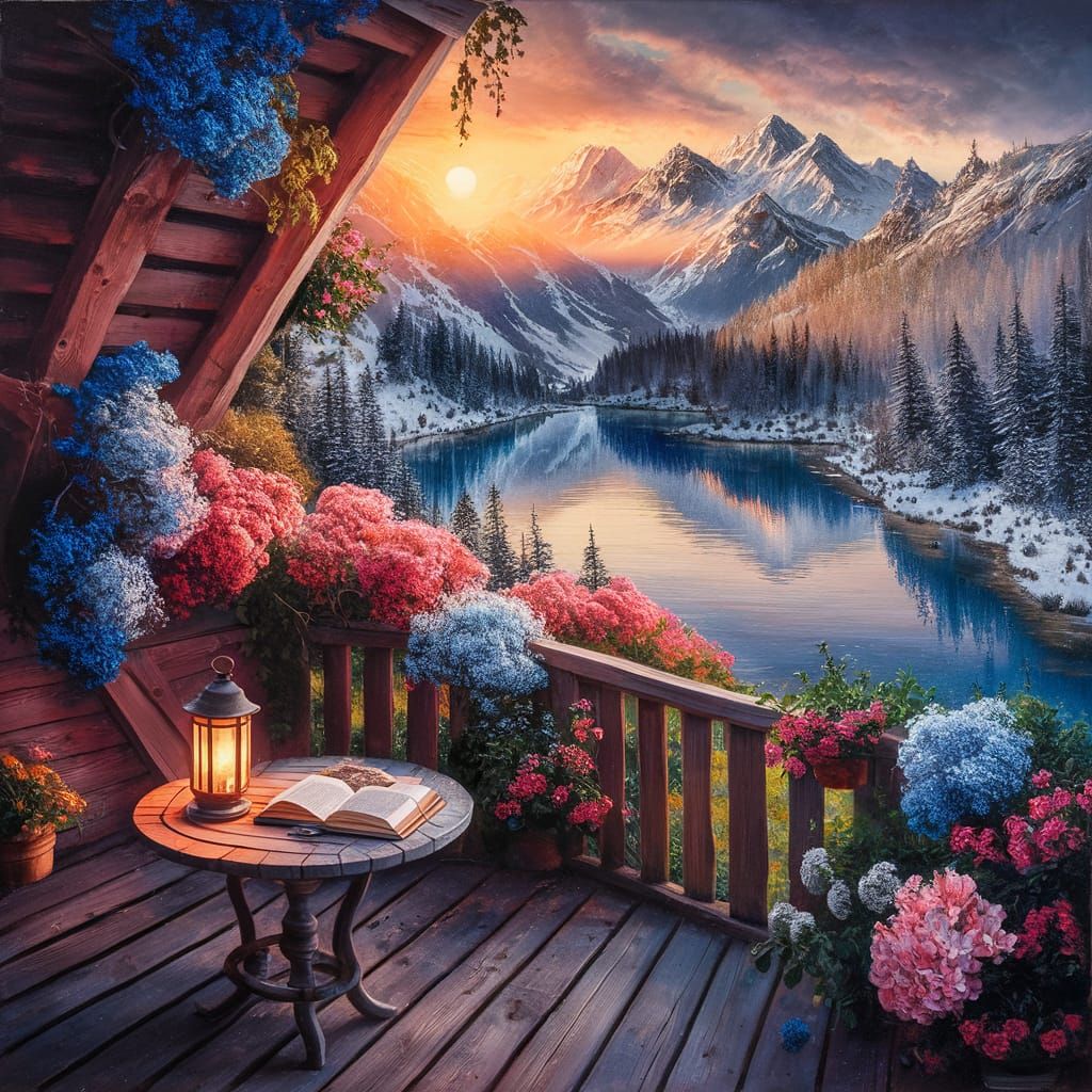 Mountain Balcony Overlooking Lake as Oil Painting