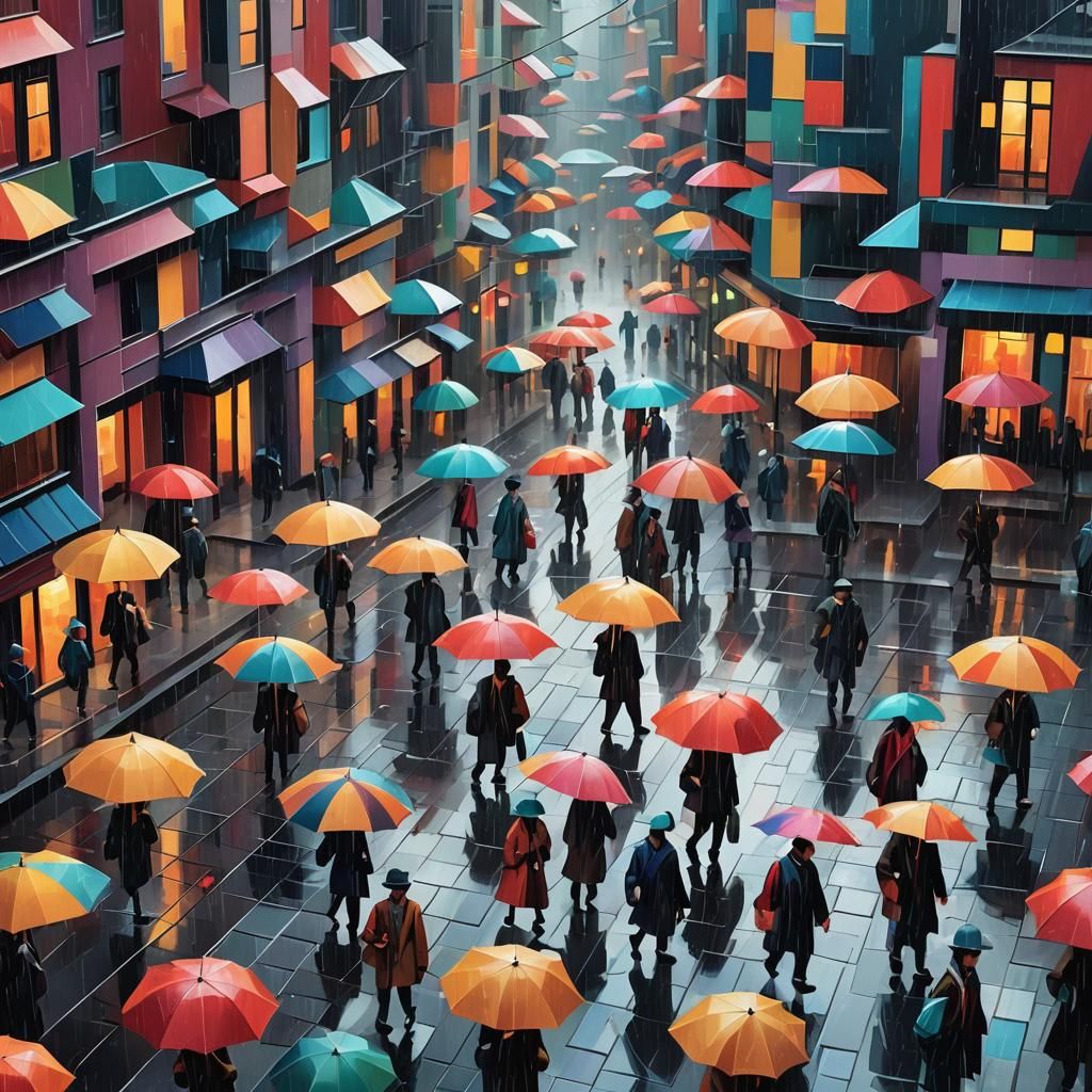 Cubist Cityscape with Geometric Umbrellas