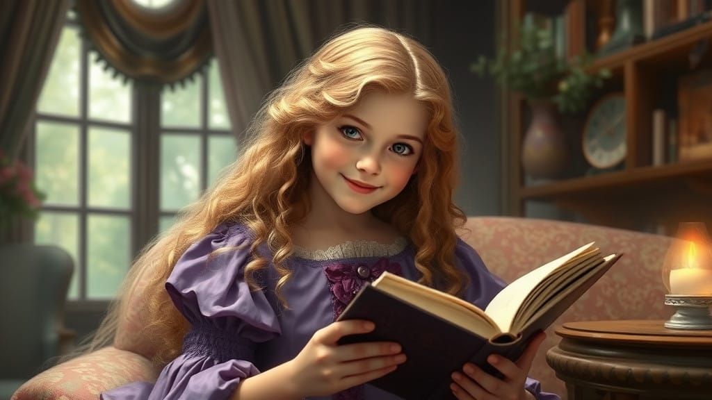 Ethereal Young Victorian Girl in Lavender Dress Reads by Can...