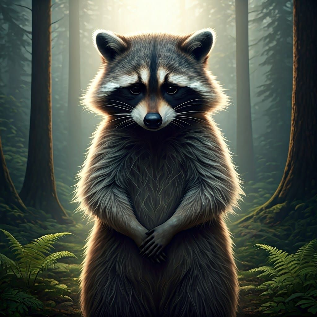 Apologetic Raccoon in Misty Forest Clearing