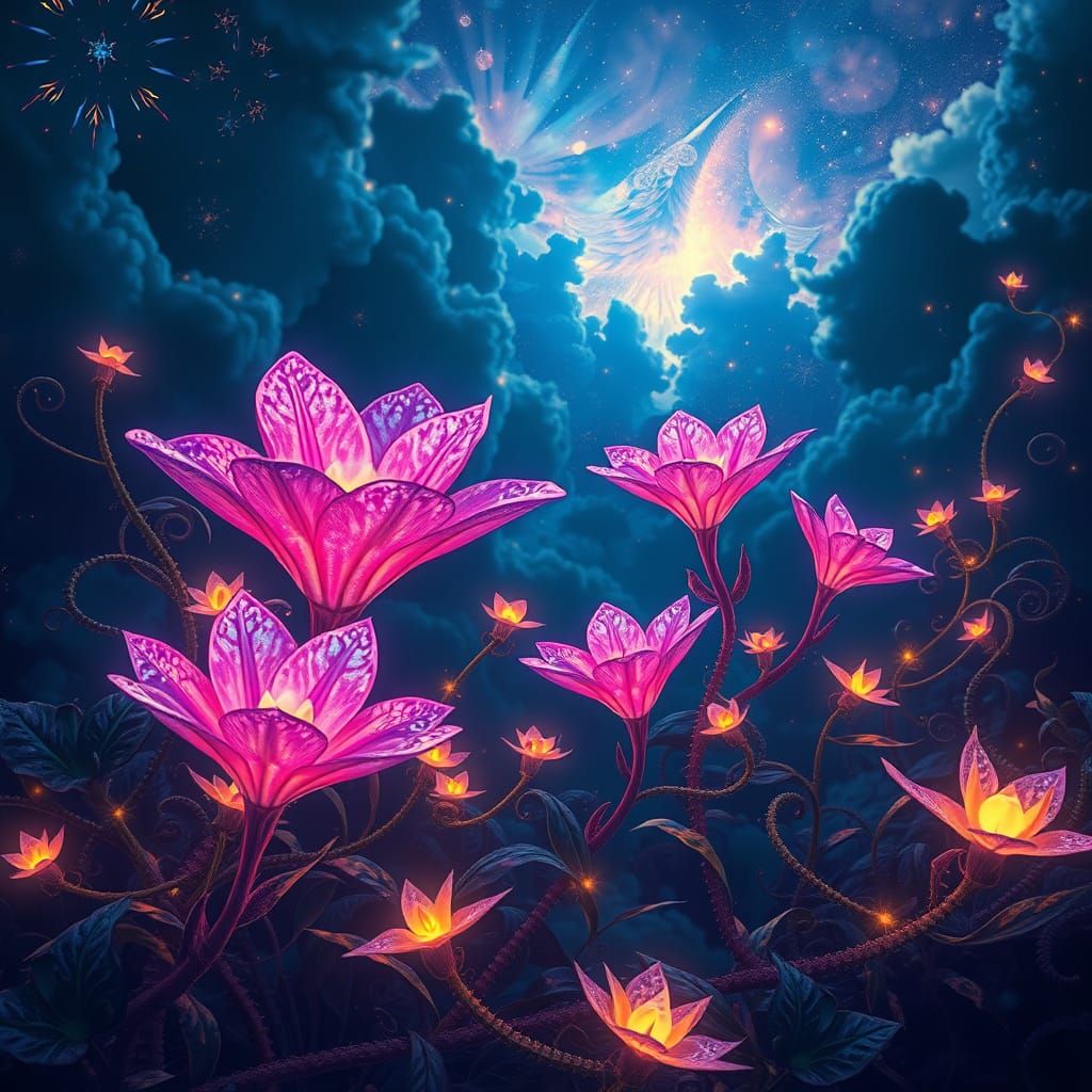 Dreamlike Bloom in a Fantastical Night Sky