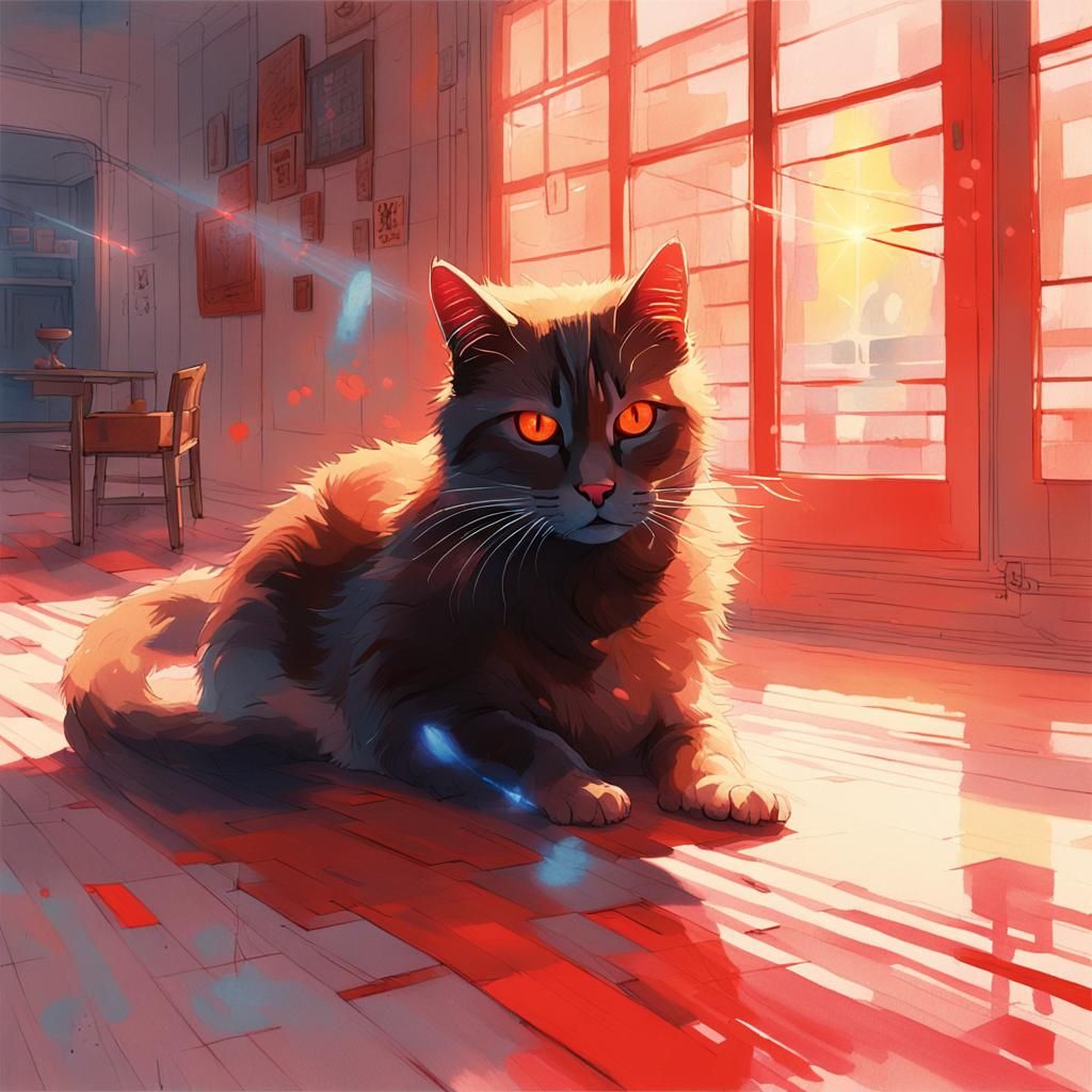 Feline Frenzy: Cat Chasing Laser, Watercolor Style