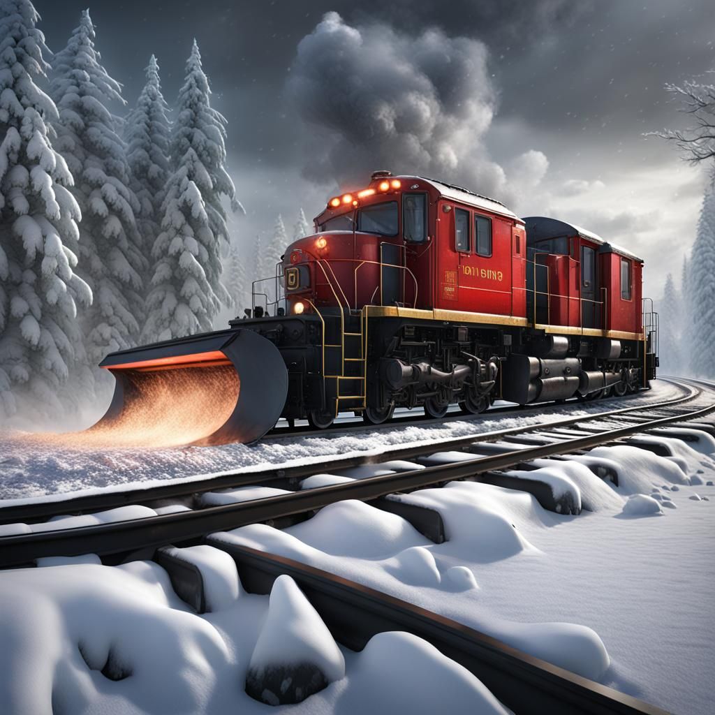 Snowplow Train Clearing Snowy Railway in Matte Painting