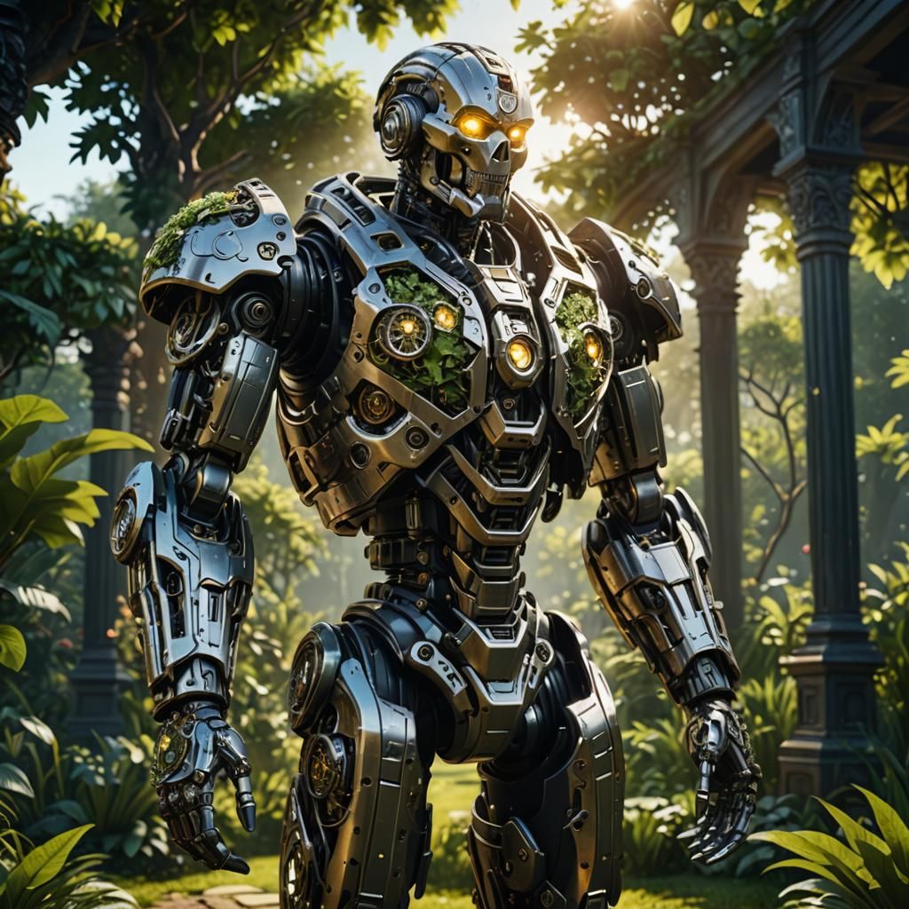 Mechanical Cyborg Key in Lush Garden, Cinematic Lighting
