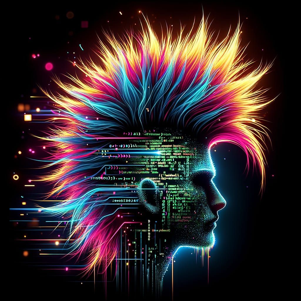 Head with Neon Mohawk of Code, Double Exposure Effect
