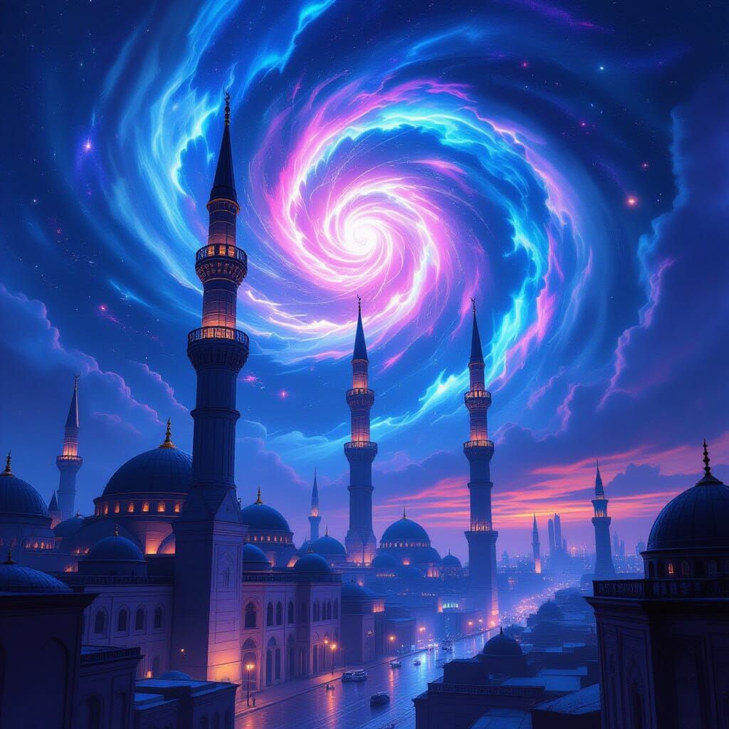 Futuristic Cityscape with Ancient Minarets and Cosmic Sky