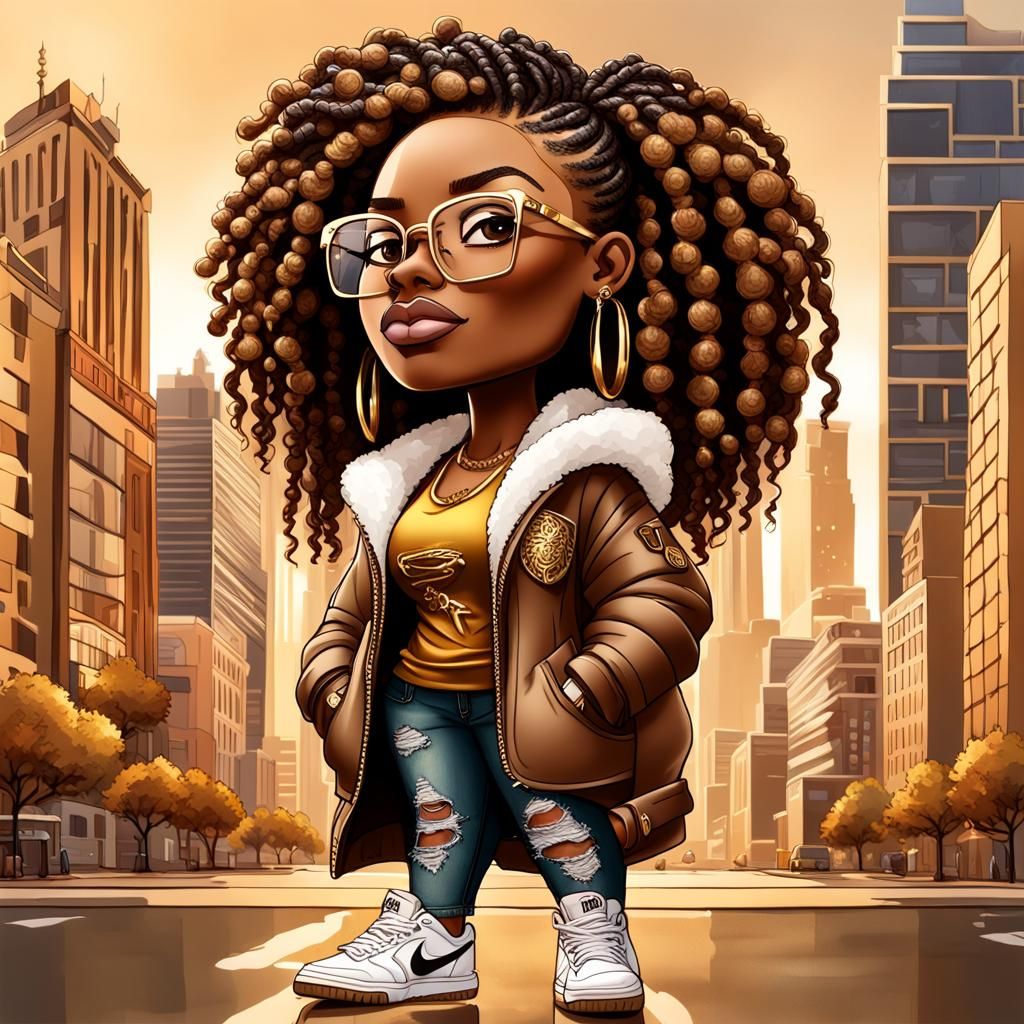 Chibi Style African American Woman in Cityscape