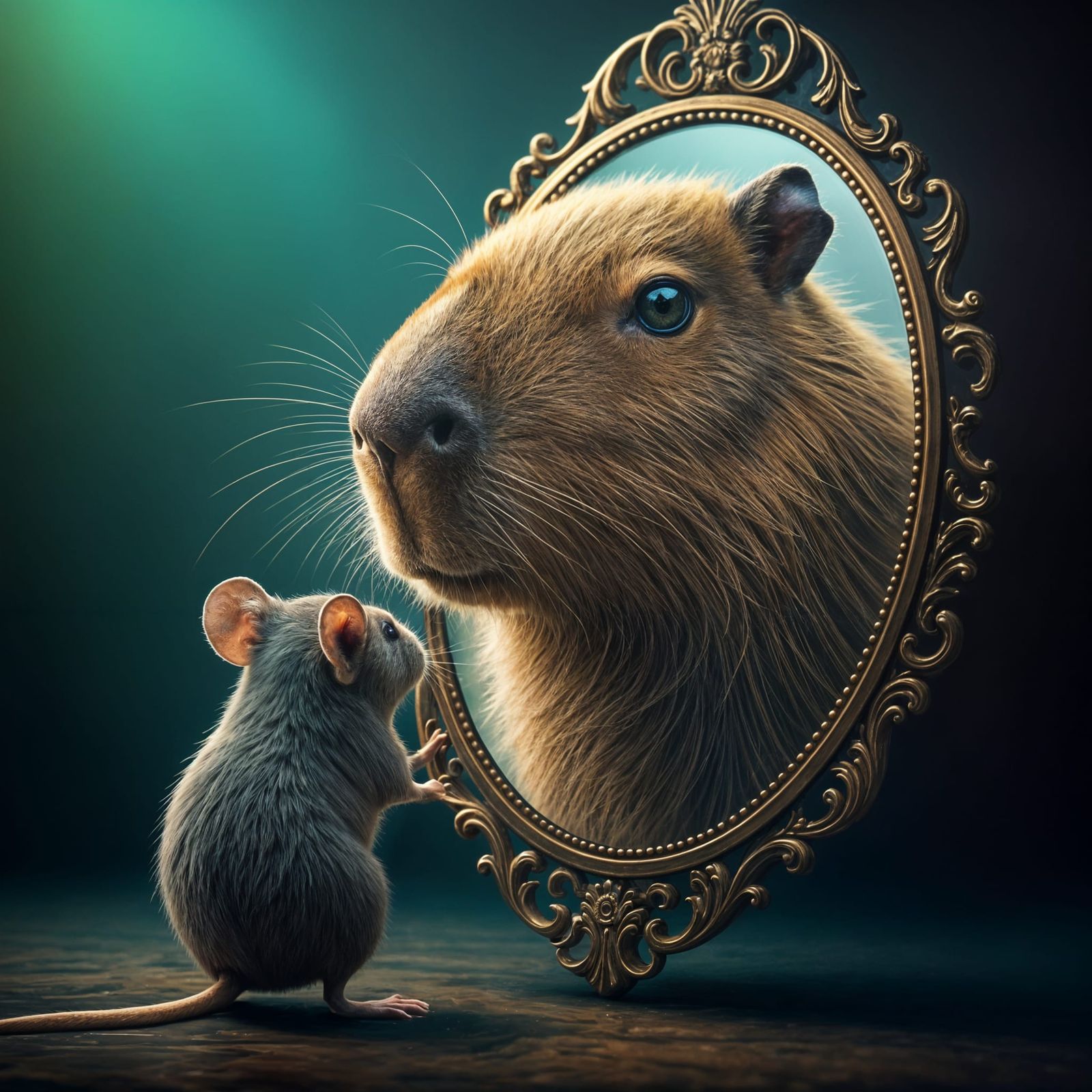 Mouse and Capybara Reflection: Hyperrealistic Concept Art