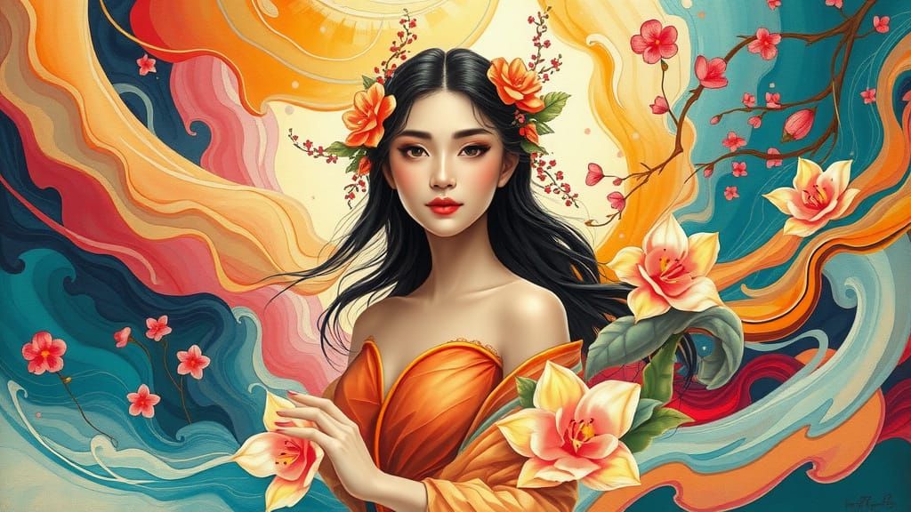 Asian Woman Emerges from a Swirling Canvas of Colors