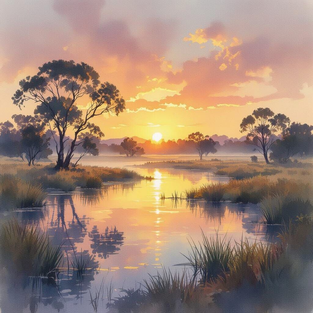 Australian Outback Sunrise in Expressive Watercolour Style
