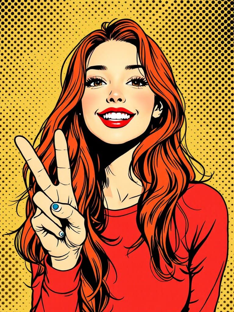 Pop-Anime Hybrid: Woman with Peace Sign in Bold Comic Style