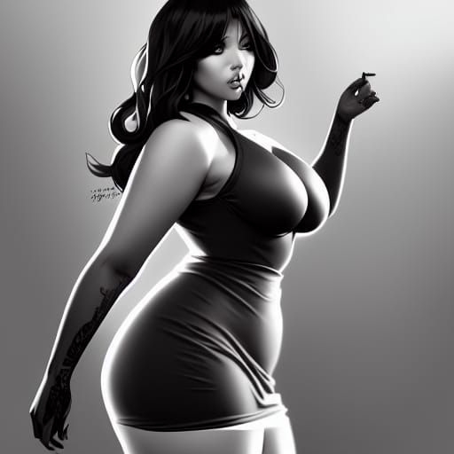 Curvy Woman in Black Dress: Hyperdetailed Digital Art