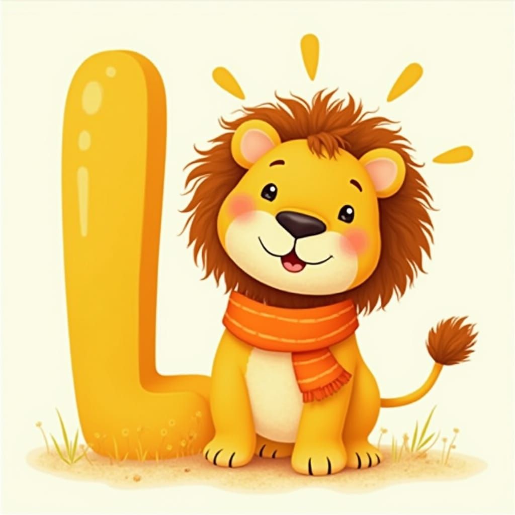 Cartoon Lion with Golden Letter L in Nursery Style