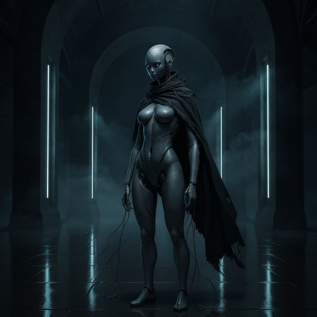 Solemn Android Nythera in Hyperrealistic 3D Render