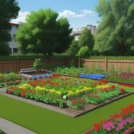 Vibrant Community Garden Scene in Whimsical Watercolor Style