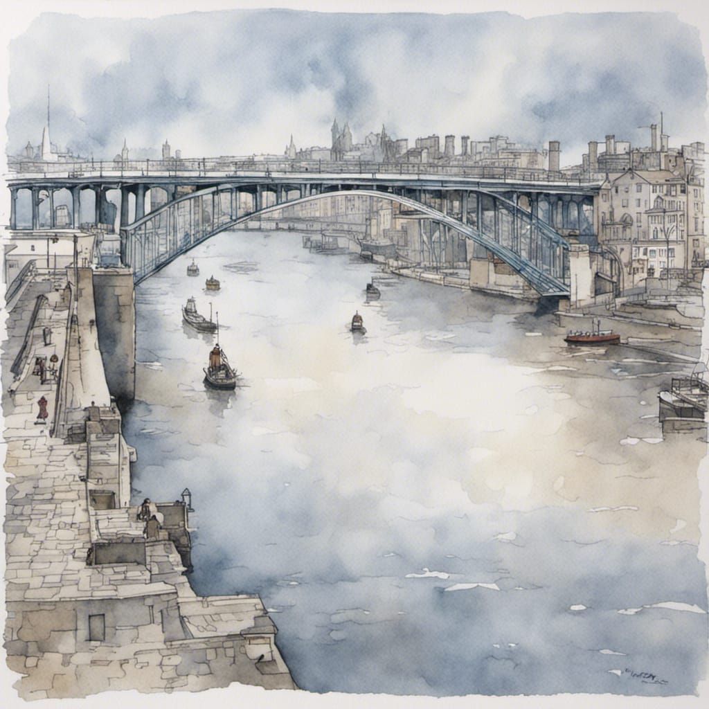 Newcastle's River Tyne Bridges in Ink and Watercolor