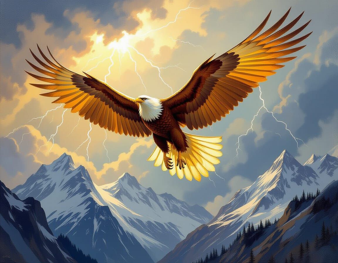 Griffin Soaring Through Stormy Sky as Oil Painting