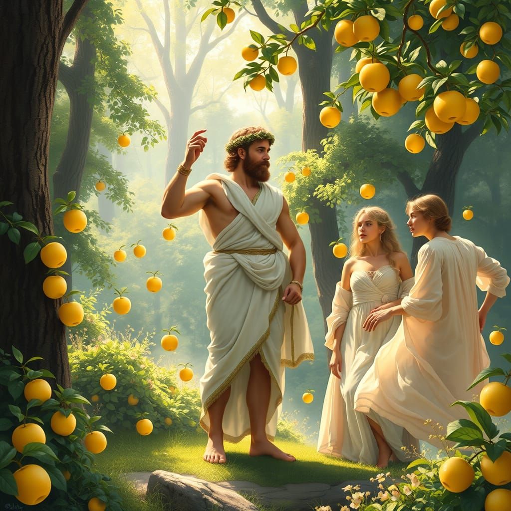Hercules Amidst Golden Apples in a Serene Woodland Scene