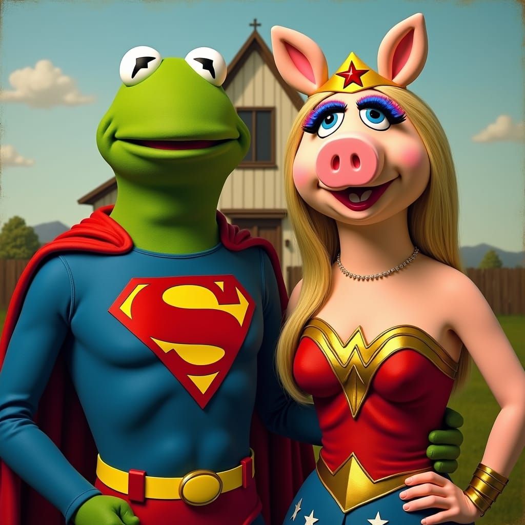 Kermit and Miss Piggy as American Gothic Superheroes