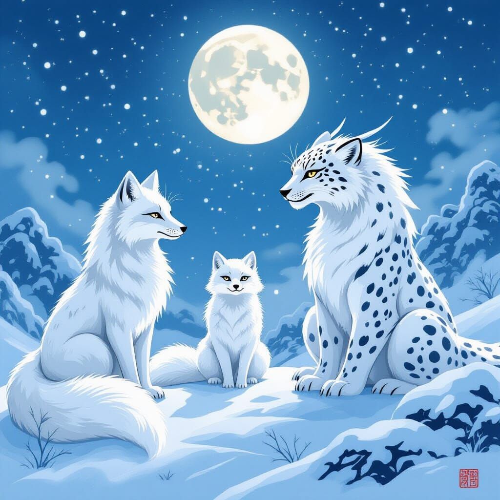 Snow Fox, Leopard, and Dragon in Moonlight