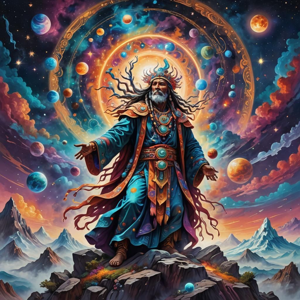 Mystic Shaman on Celestial Mountain: Surreal Astral Art