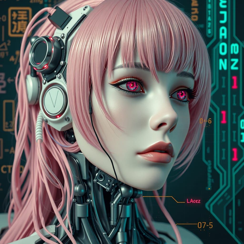 Cybernetic Woman with Pink Hair and Digital Artifacts