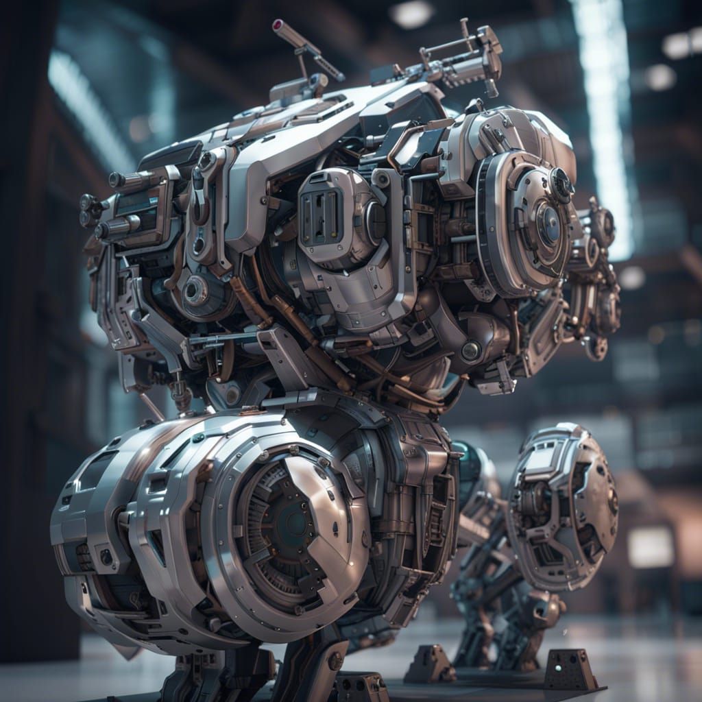 Futuristic Glitch Mech Exhibit in Sci-Fi Museum