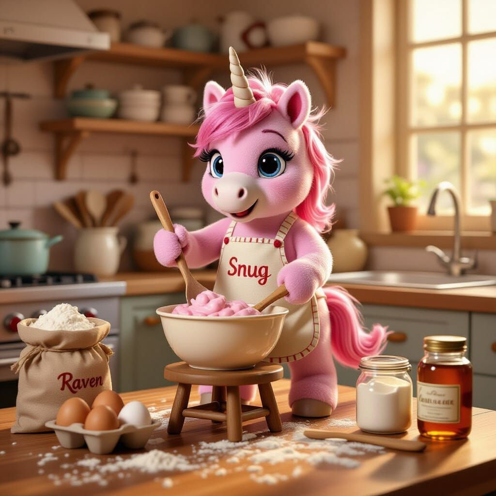 Pink Stuffed Unicorn Chef Mixing Cookie Batter in Cozy Kitch...