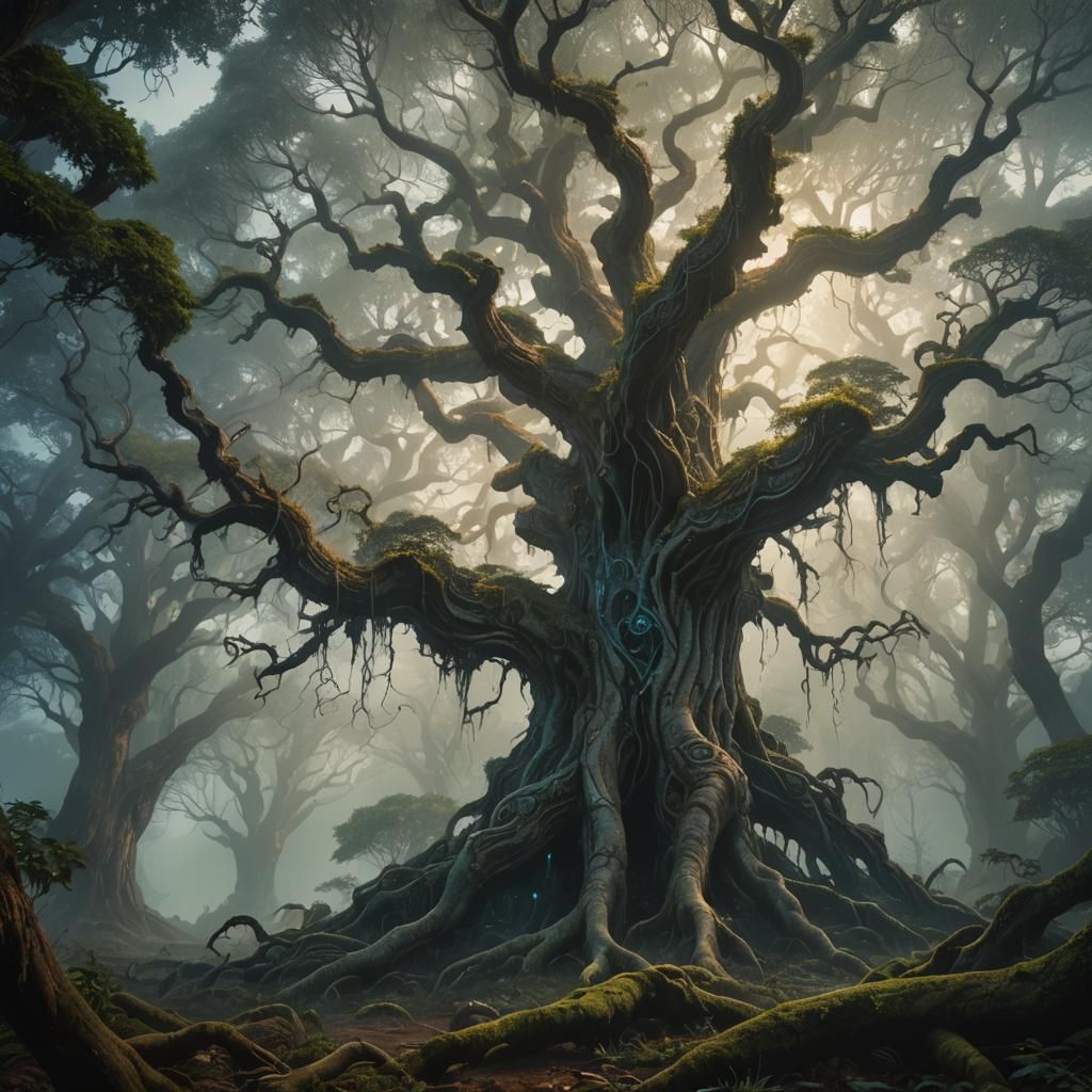 Mystical Arjun Tree in Ethereal Forest: Matte Painting