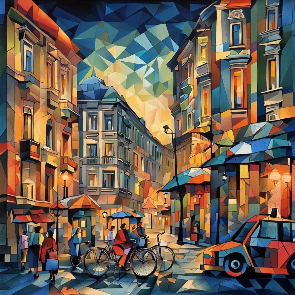 Bucharest Street Scene in Cubist Style