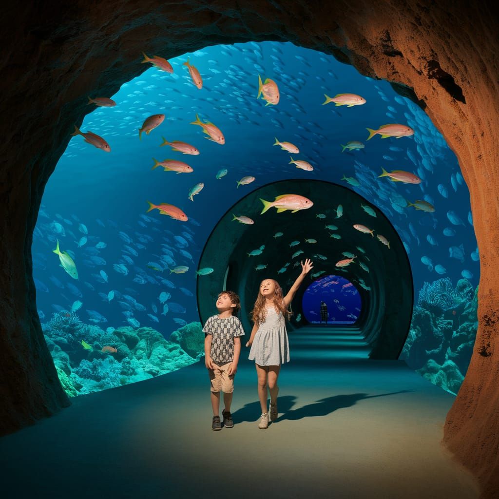 Children Mesmerized by Underwater World in Aquarium