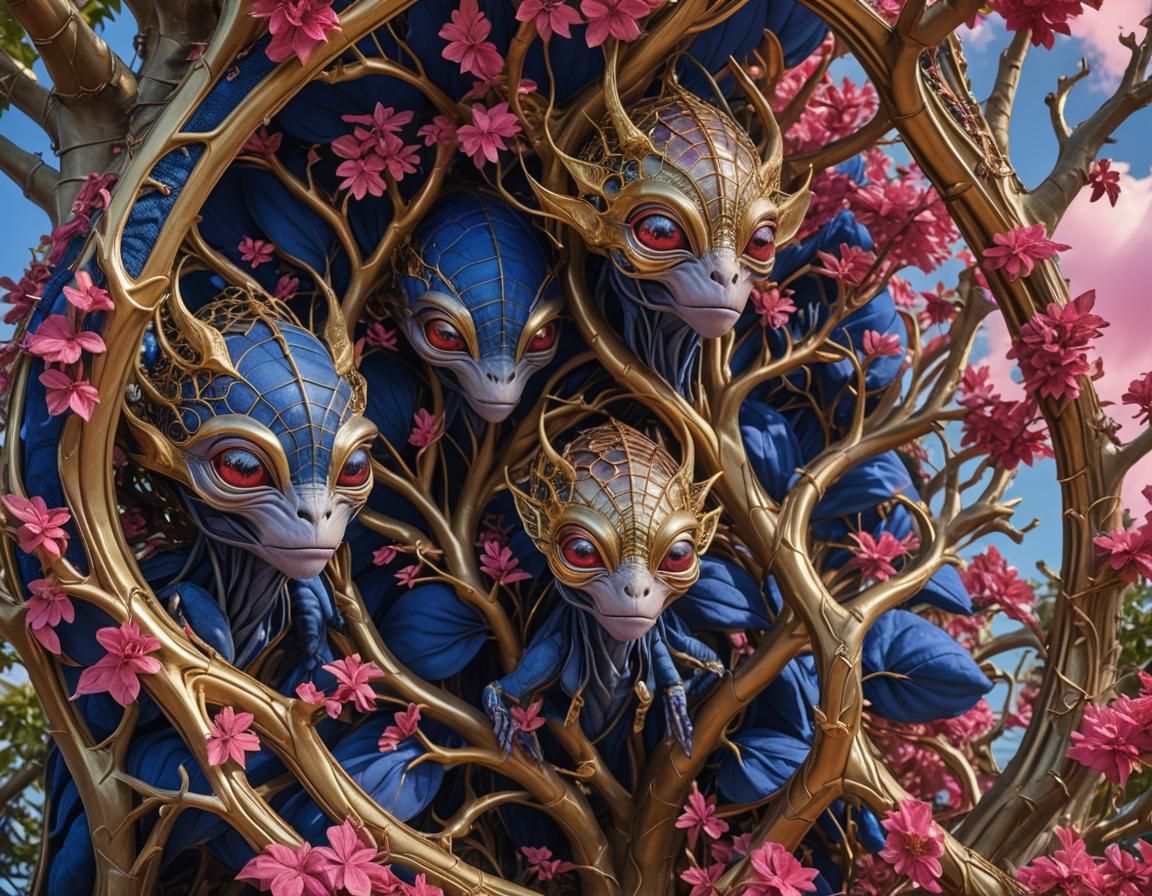 Alien Creatures in Golden Pavilions: Hyperrealistic Image