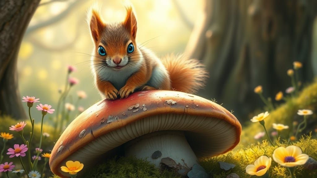Fluffy Squirrel in Enchanted Grove, Fantasy Artwork
