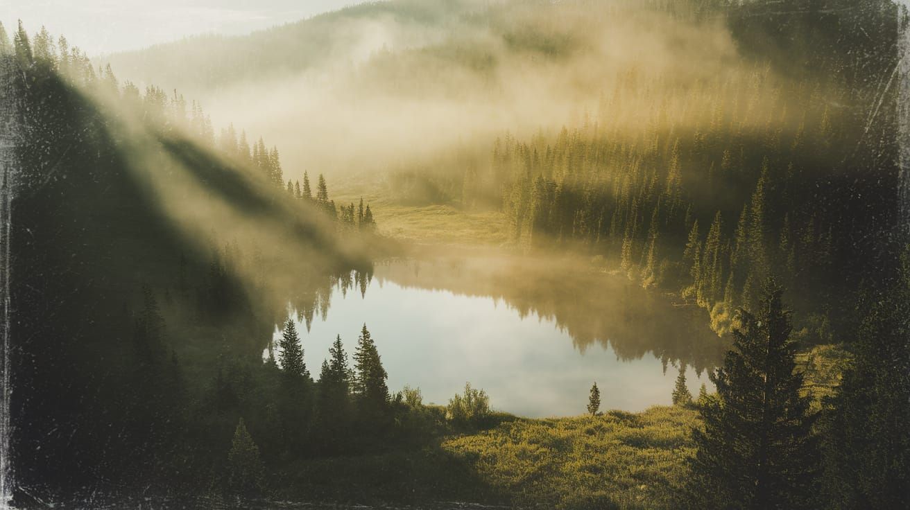 Ethereal Mountain Lake in Forest, Cinematic Light