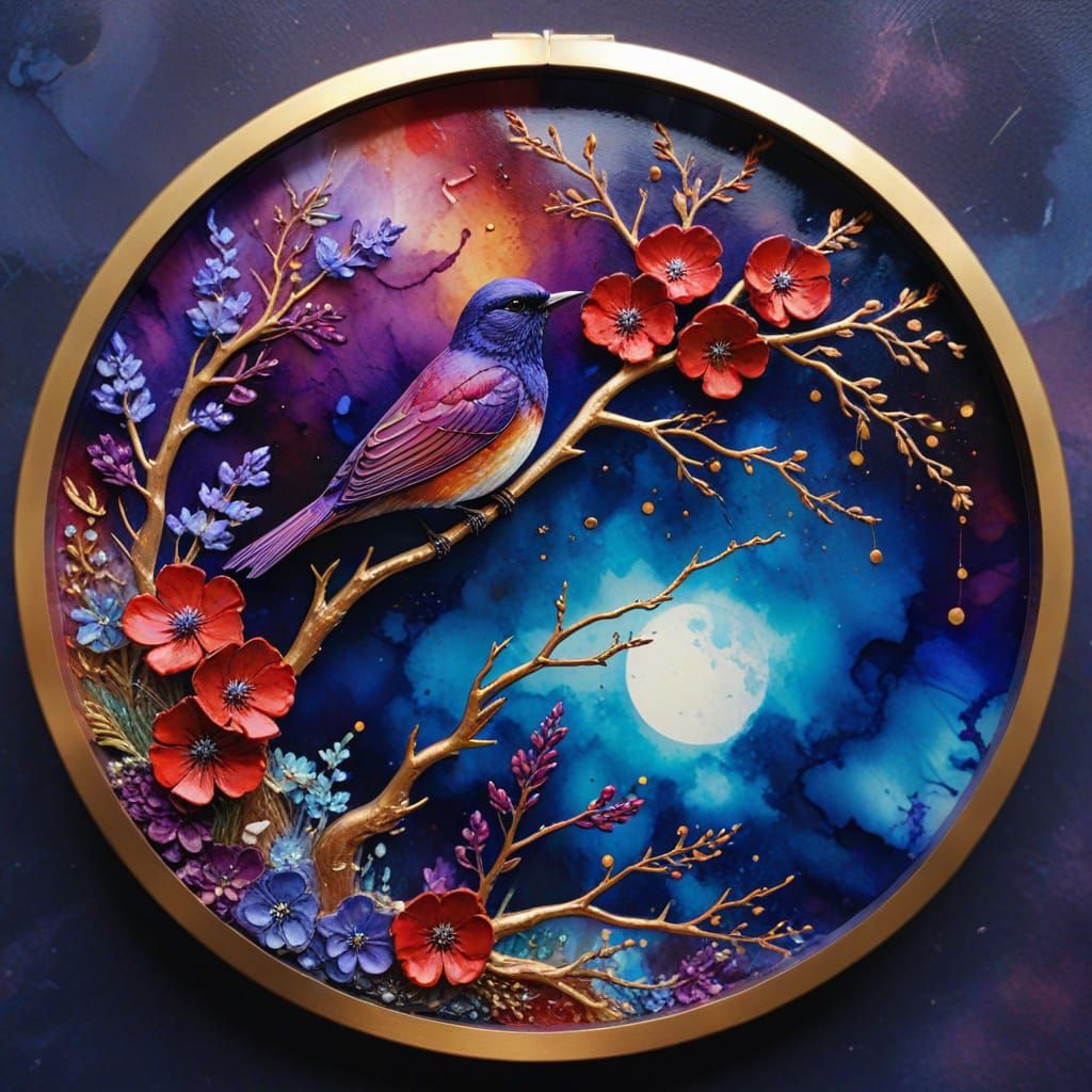 Alcohol Ink Art: Floral Tree with Purple Bird and Gold Frame
